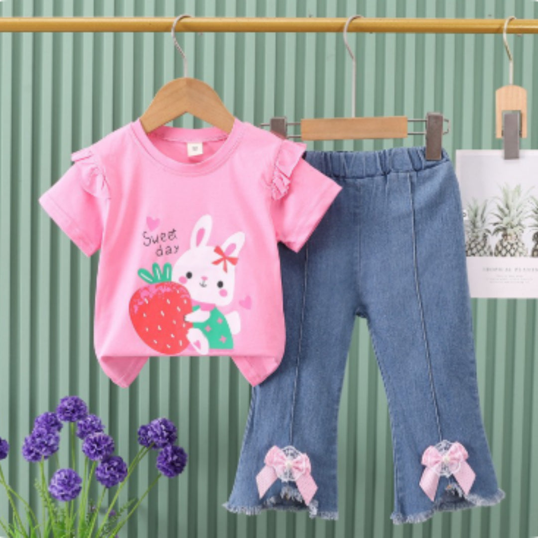 Kids Two-Piece Set Short-Sleeve Denim Jeans With Bow Tie