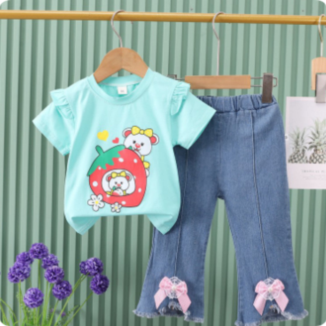 Kids Two-Piece Set Short-Sleeve Denim Jeans With Bow Tie