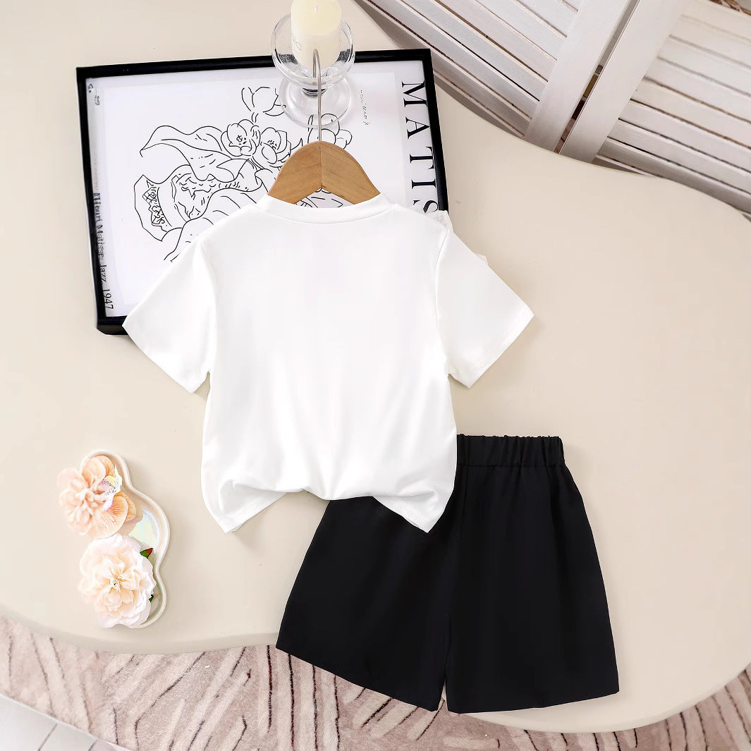 Girls T-shirt And Pearl-button Shorts Two-piece Set