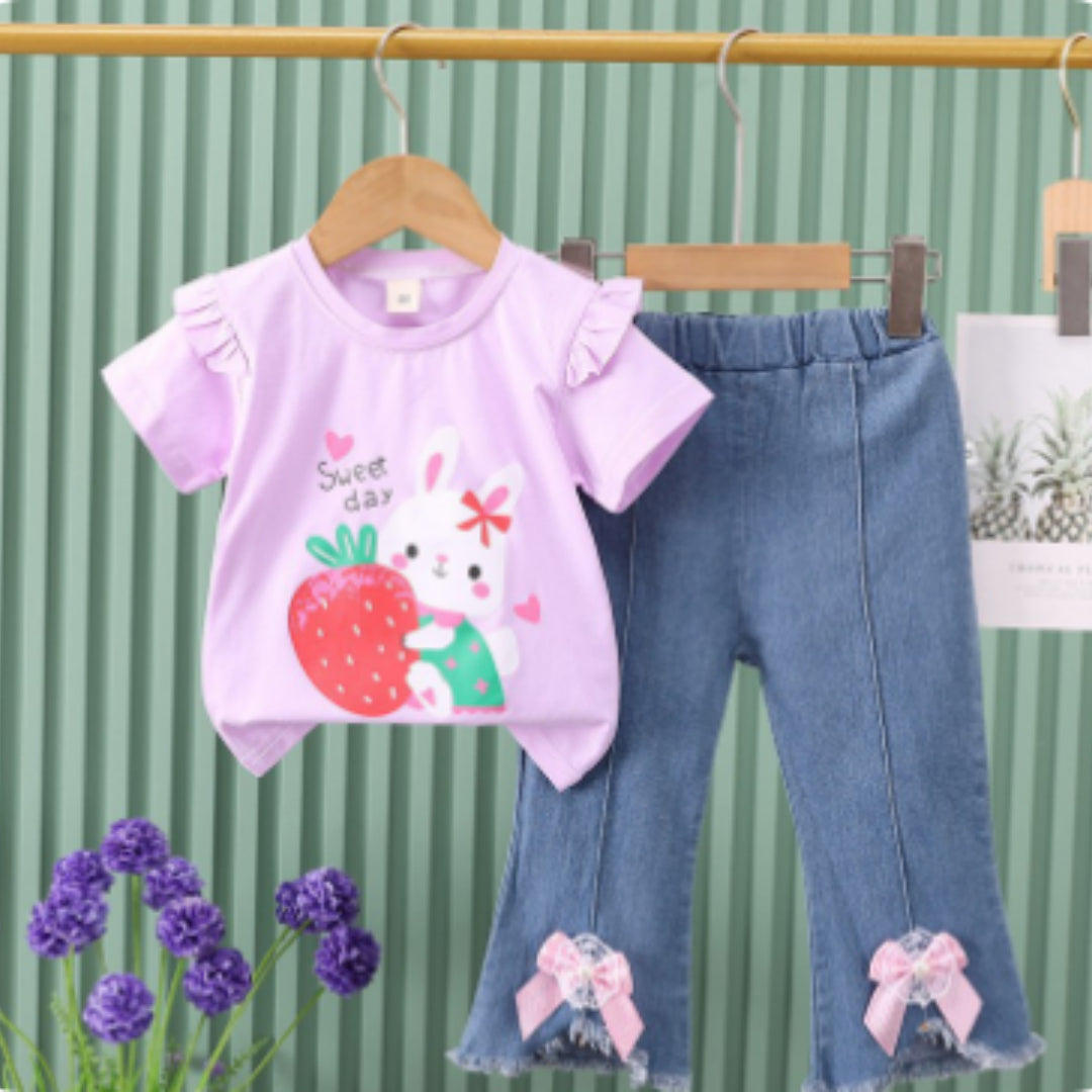 Kids Two-Piece Set Short-Sleeve Denim Jeans With Bow Tie