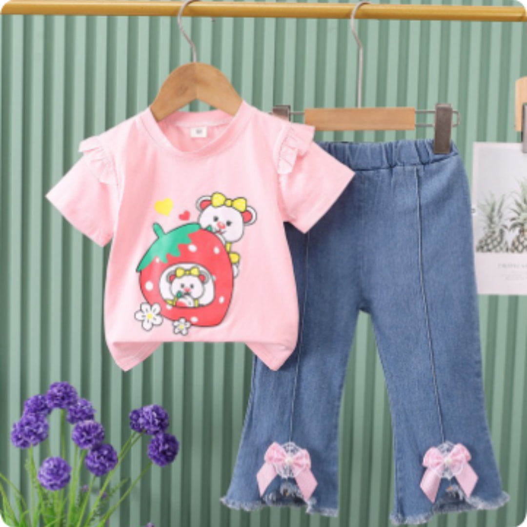 Kids Two-Piece Set Short-Sleeve Denim Jeans With Bow Tie