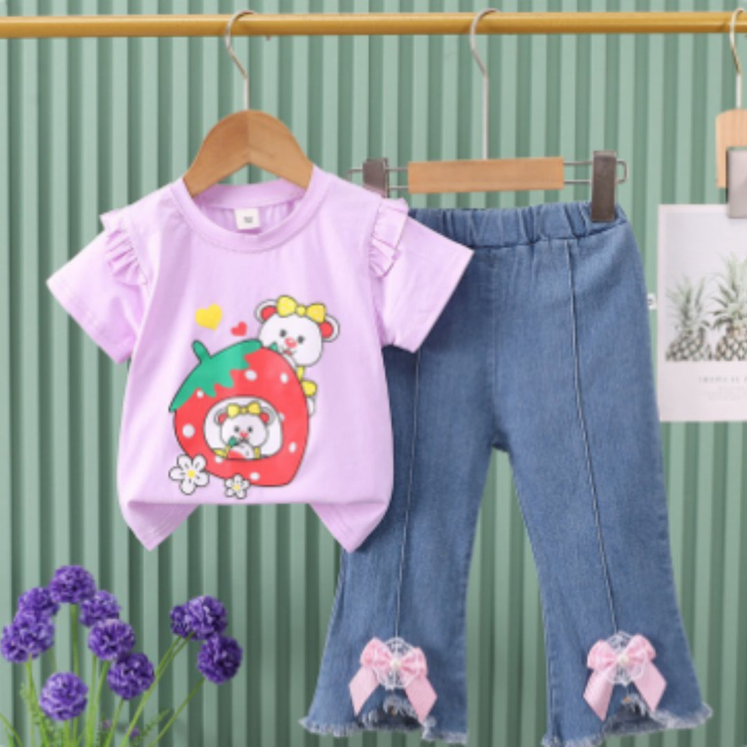 Kids Two-Piece Set Short-Sleeve Denim Jeans With Bow Tie
