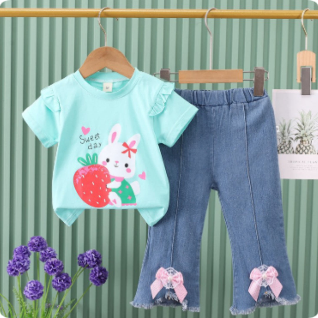 Kids Two-Piece Set Short-Sleeve Denim Jeans With Bow Tie