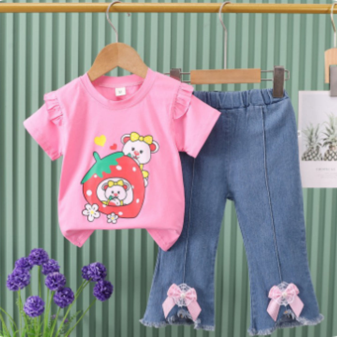Kids Two-Piece Set Short-Sleeve Denim Jeans With Bow Tie