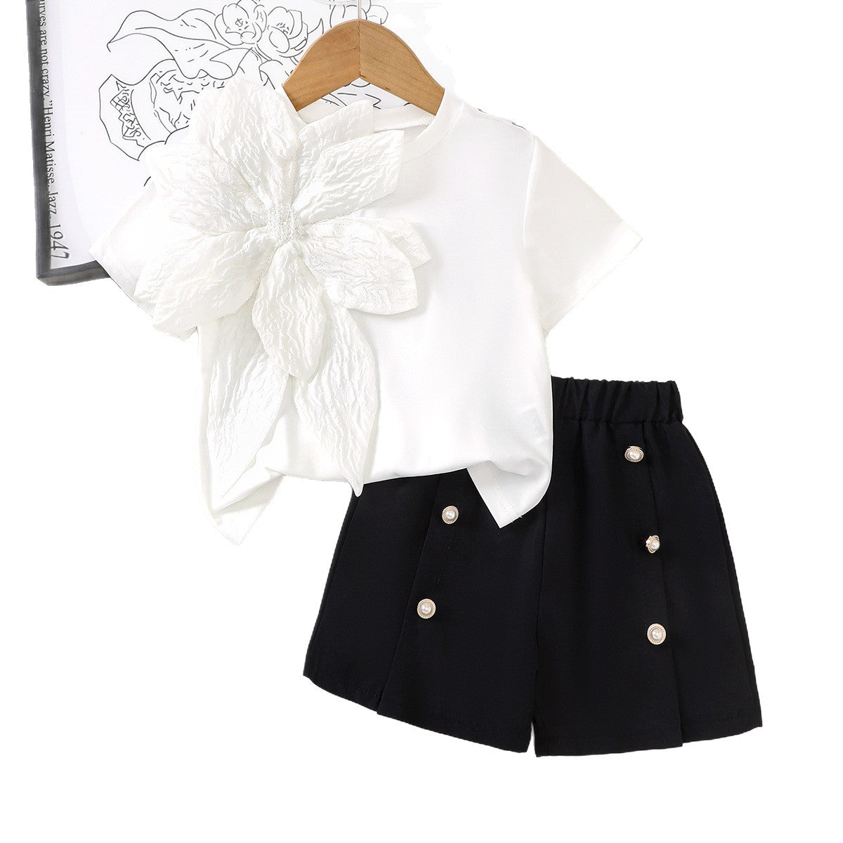 Girls T-shirt And Pearl-button Shorts Two-piece Set