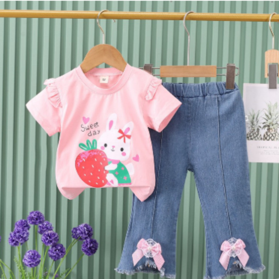 Kids Two-Piece Set Short-Sleeve Denim Jeans With Bow Tie