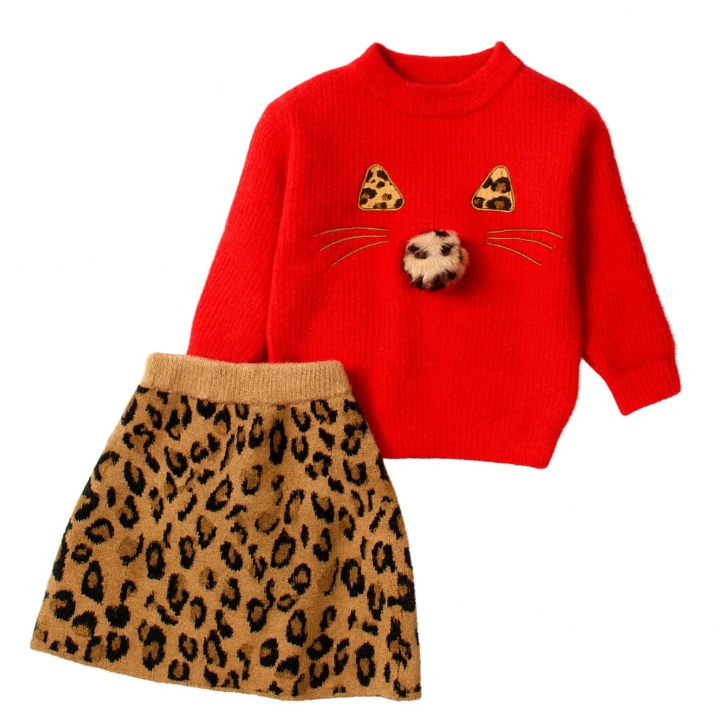 Girls Meow Knitted Sweater Set