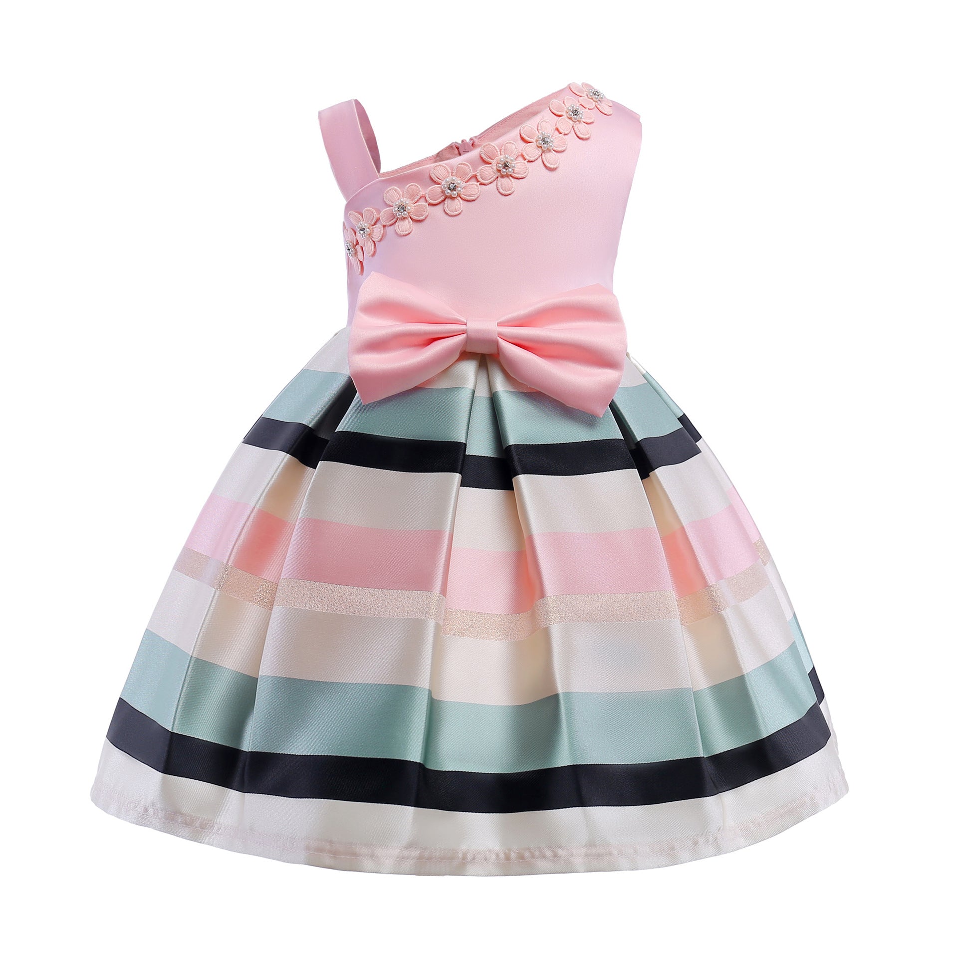 MyKids-USA® Baby Girl Floral Patched Pattern Striped Tutu Princess Dress One Shoulder Dress-0