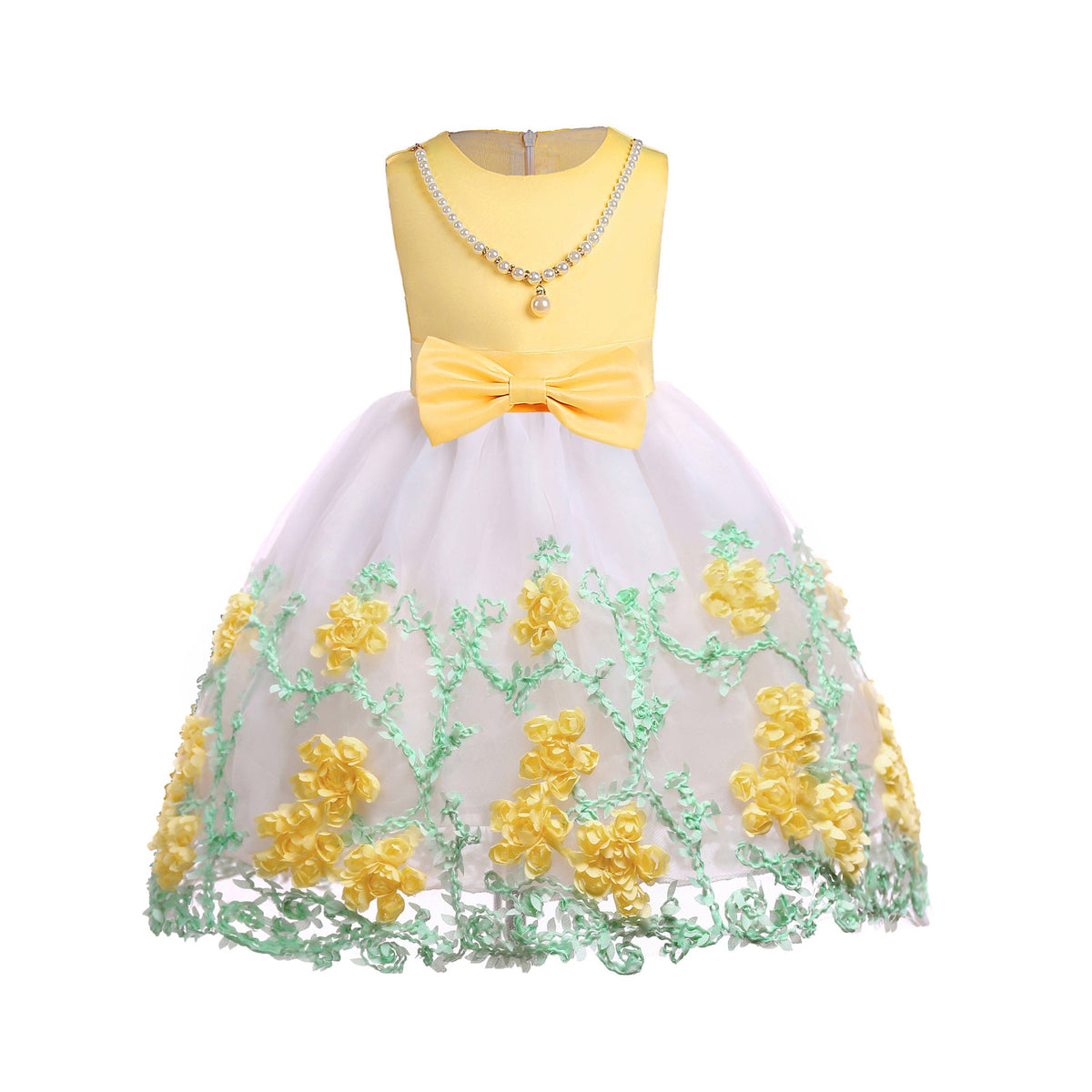 MyKids-USA® Baby Girl Flower Mesh Overlay Design Bow Tie Vest Dress Birthday Formal Dress-0