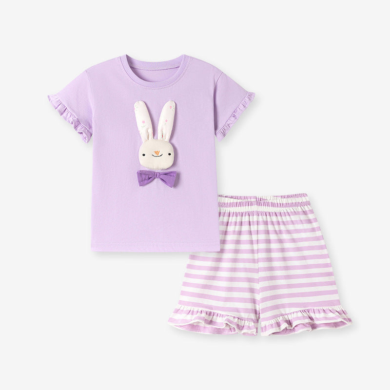 Summer Hot Selling Baby Kids Girls Short Sleeves Cartoon Pattern T-shirt and Striped Shorts Clothing Set