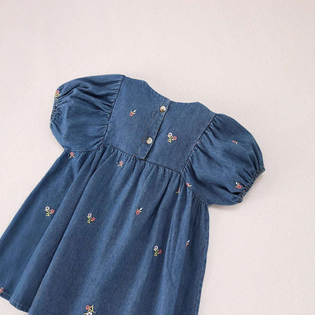 MyKids-USA® Baby Kids Girls Denim Short Sleeves Flowers Pattern Embroidered Dress-2