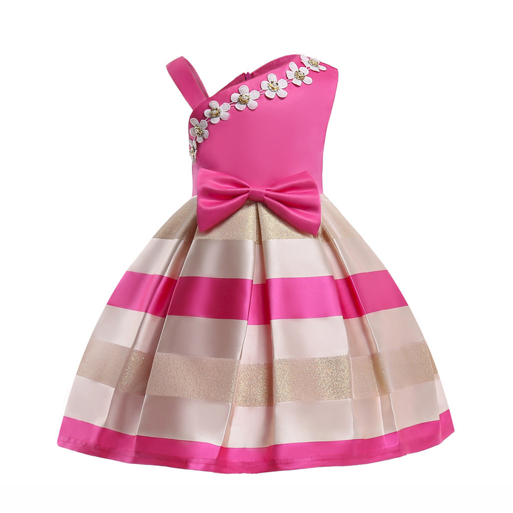 MyKids-USA® Baby Girl Floral Patched Pattern Striped Tutu Princess Dress One Shoulder Dress-5