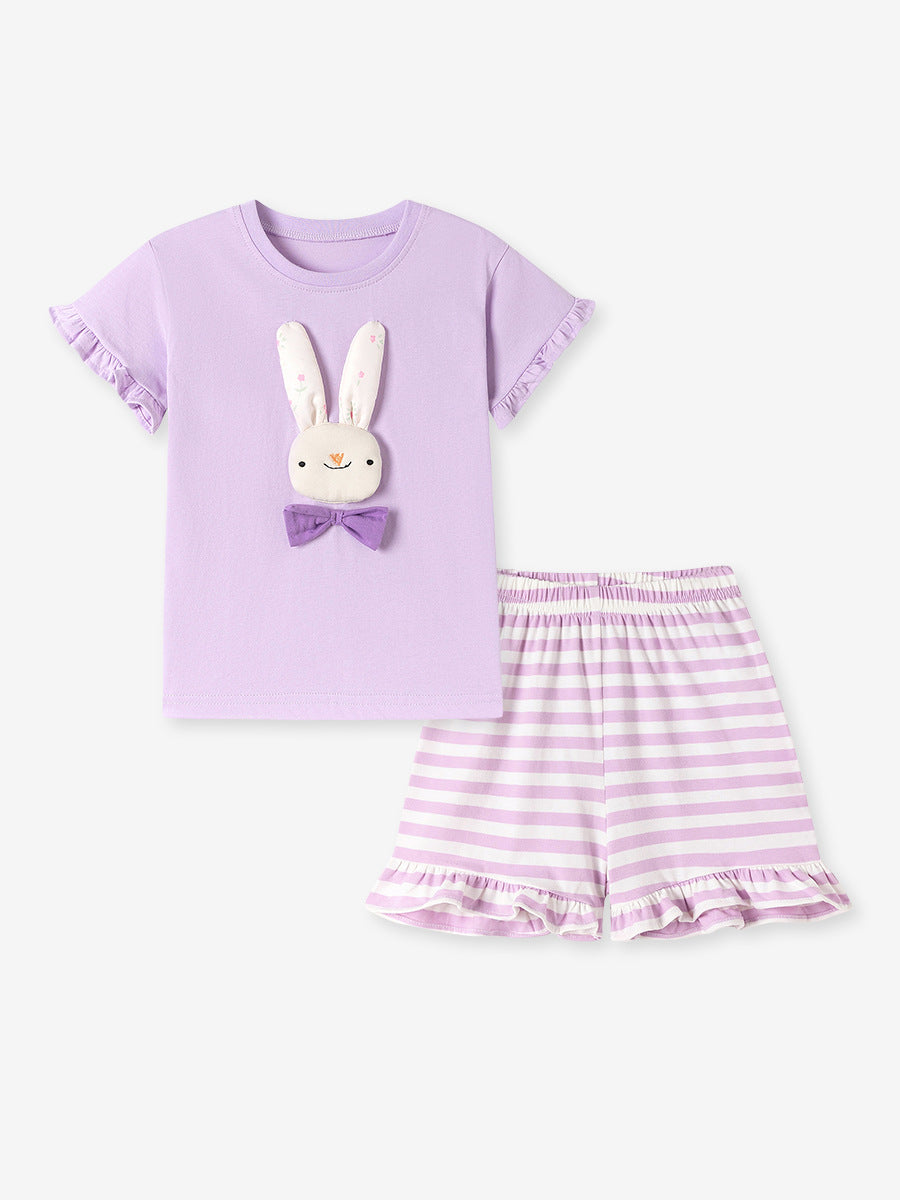 Summer Hot Selling Baby Kids Girls Short Sleeves Cartoon Pattern T-shirt and Striped Shorts Clothing Set