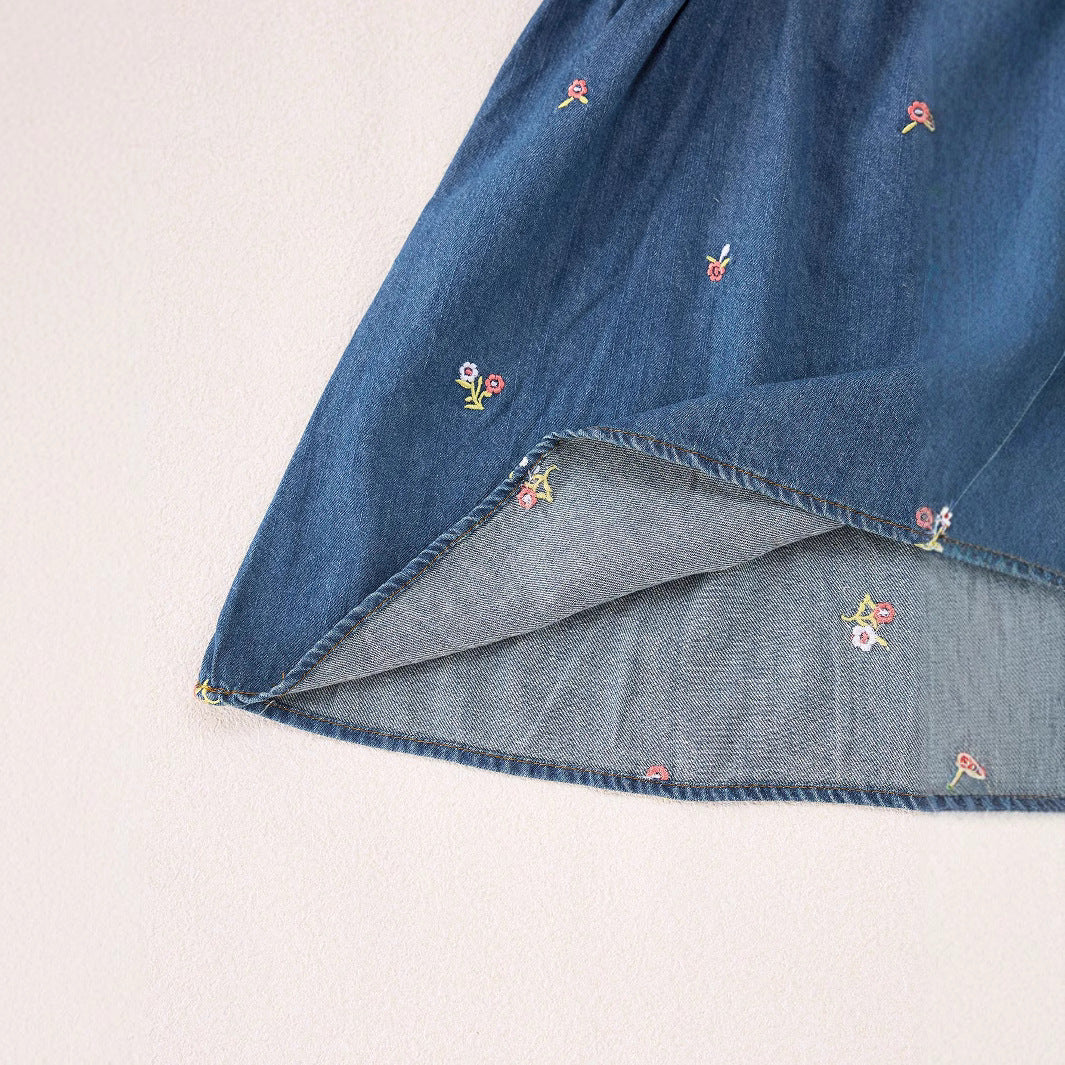 MyKids-USA® Baby Kids Girls Denim Short Sleeves Flowers Pattern Embroidered Dress-3