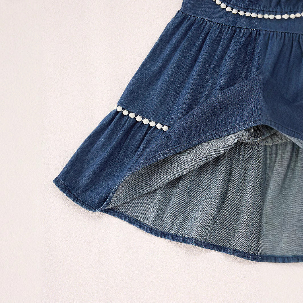 MyKids-USA® Baby Kids Girls Denim Sleeveless Flowers Pattern Embroidered Dress-2
