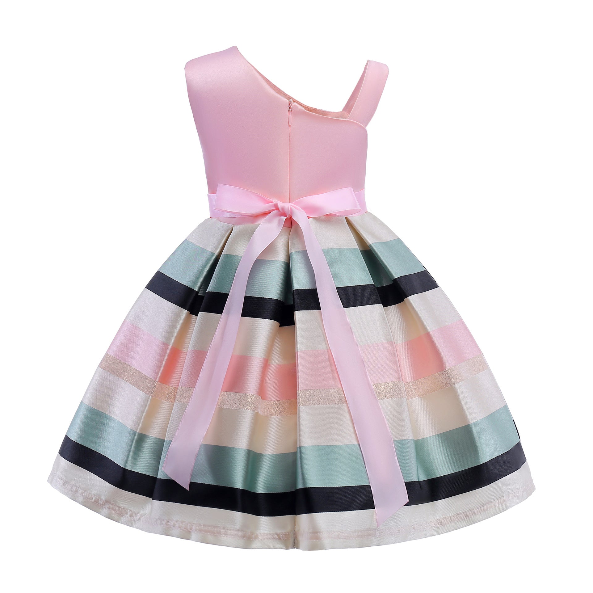 MyKids-USA® Baby Girl Floral Patched Pattern Striped Tutu Princess Dress One Shoulder Dress-1