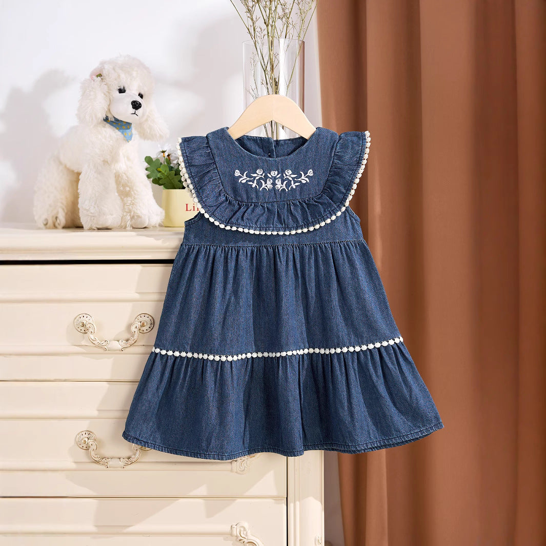MyKids-USA® Baby Kids Girls Denim Sleeveless Flowers Pattern Embroidered Dress-0