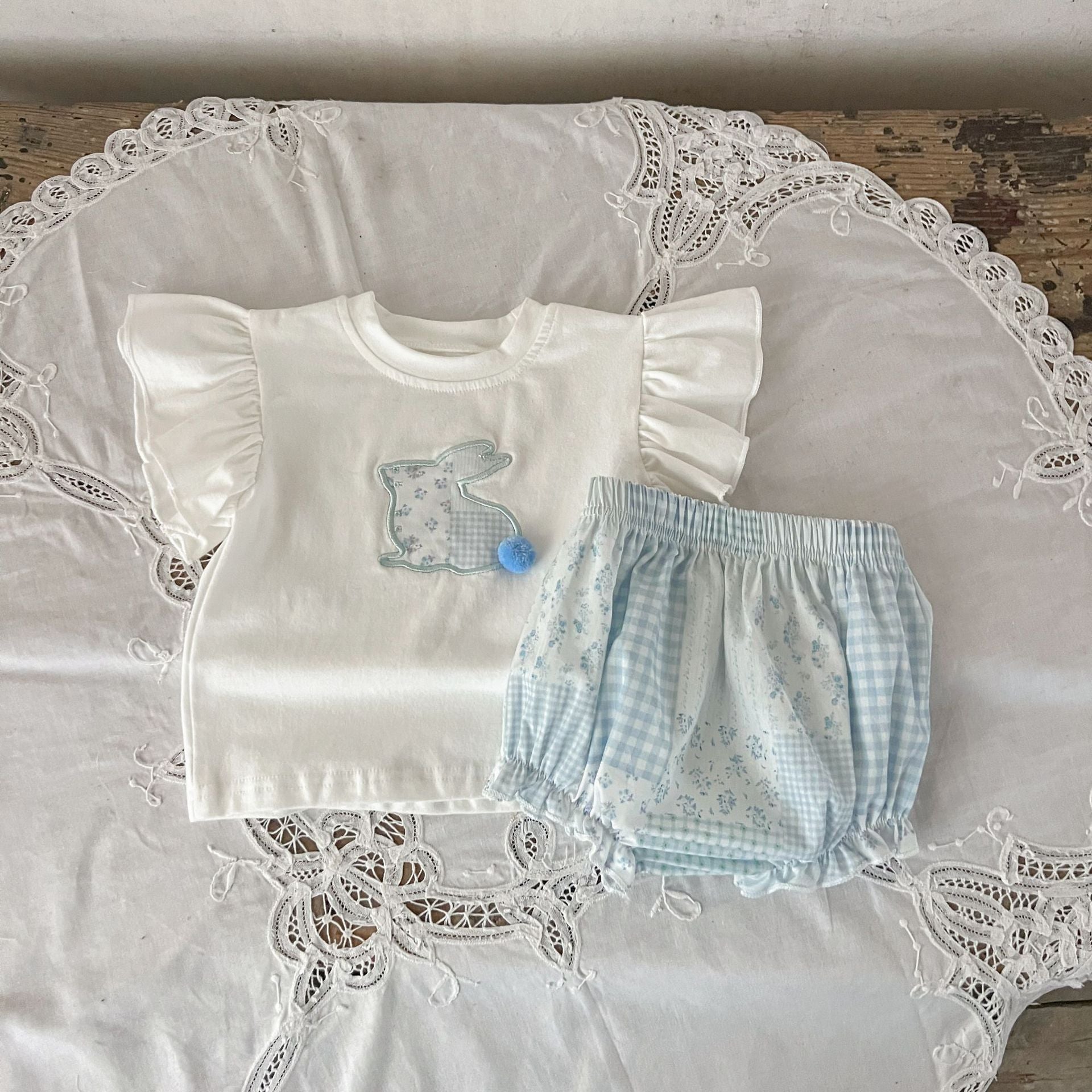 MyKids-USA® Baby Kids Girls Boutique Versatile Rabbit Pattern Fly Sleeves Top And Floral And Plaid Shorts, Clothing Set-3
