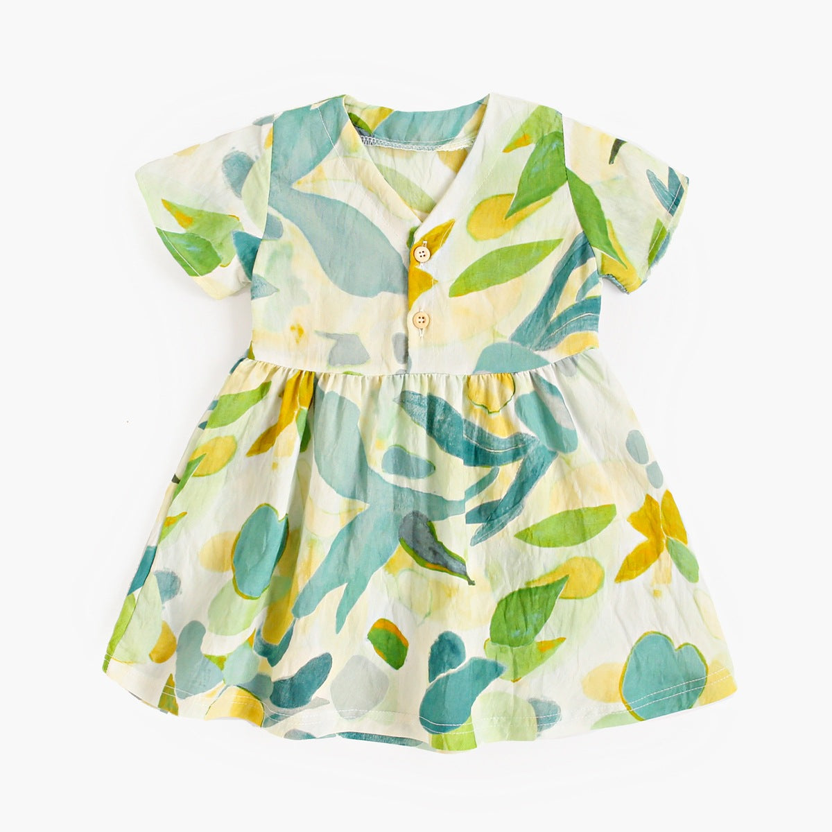 MyKids-USA® Baby Girls Casual Leaves Print Short Sleeves V Neck Dress-2