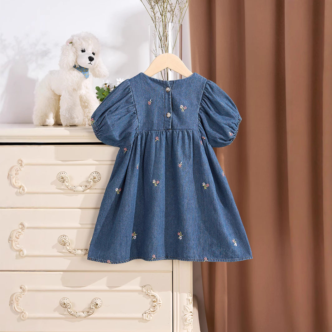 MyKids-USA® Baby Kids Girls Denim Short Sleeves Flowers Pattern Embroidered Dress-1