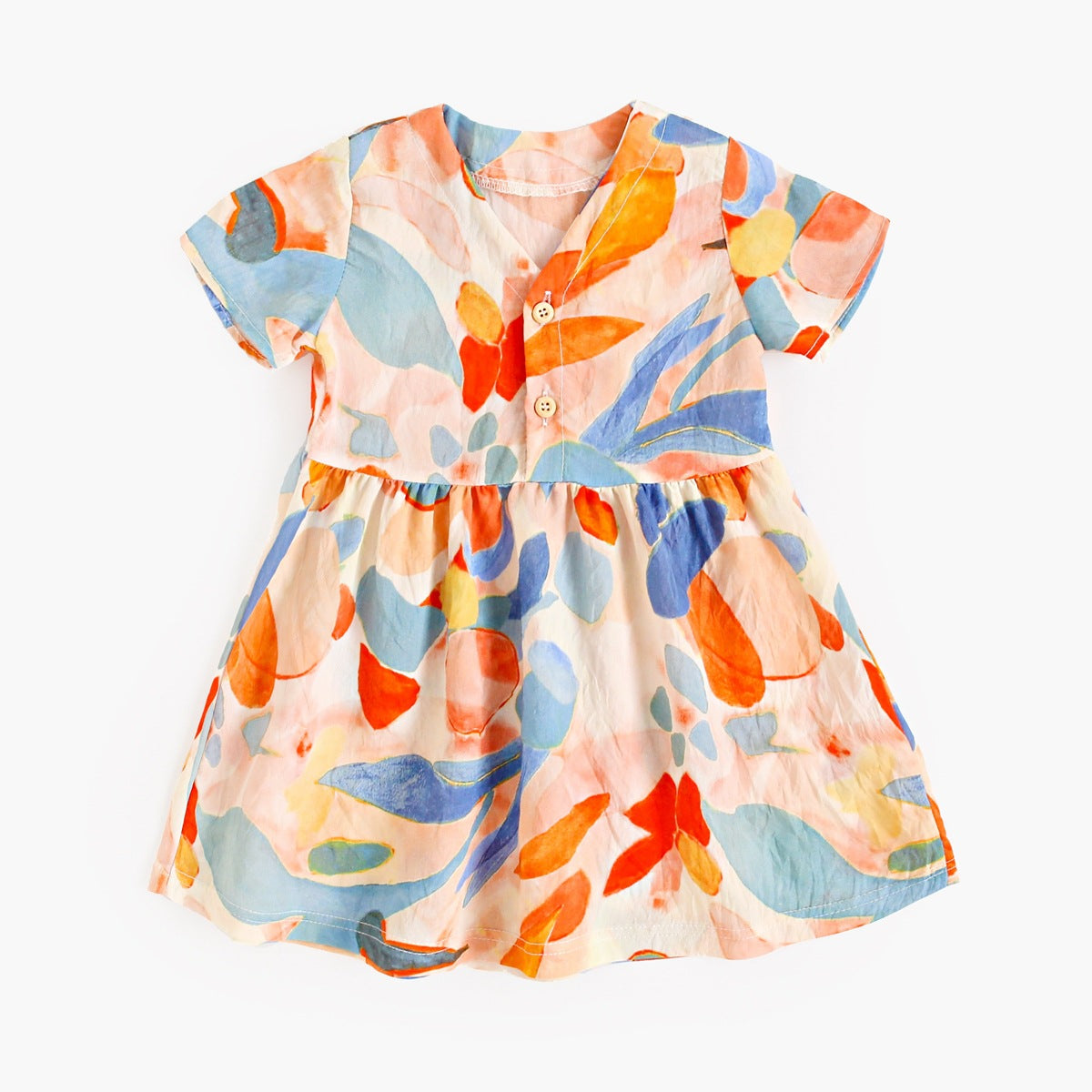 MyKids-USA® Baby Girls Casual Leaves Print Short Sleeves V Neck Dress-1