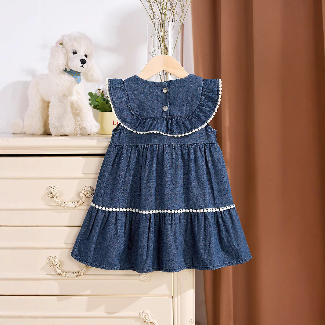 MyKids-USA® Baby Kids Girls Denim Sleeveless Flowers Pattern Embroidered Dress-1