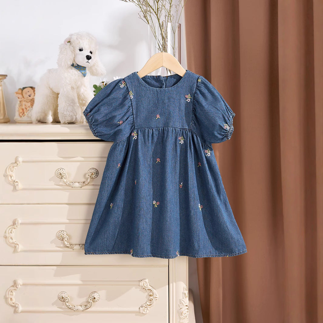 MyKids-USA® Baby Kids Girls Denim Short Sleeves Flowers Pattern Embroidered Dress-0