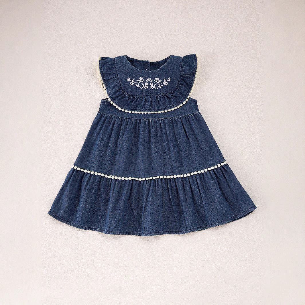 MyKids-USA® Baby Kids Girls Denim Sleeveless Flowers Pattern Embroidered Dress-3
