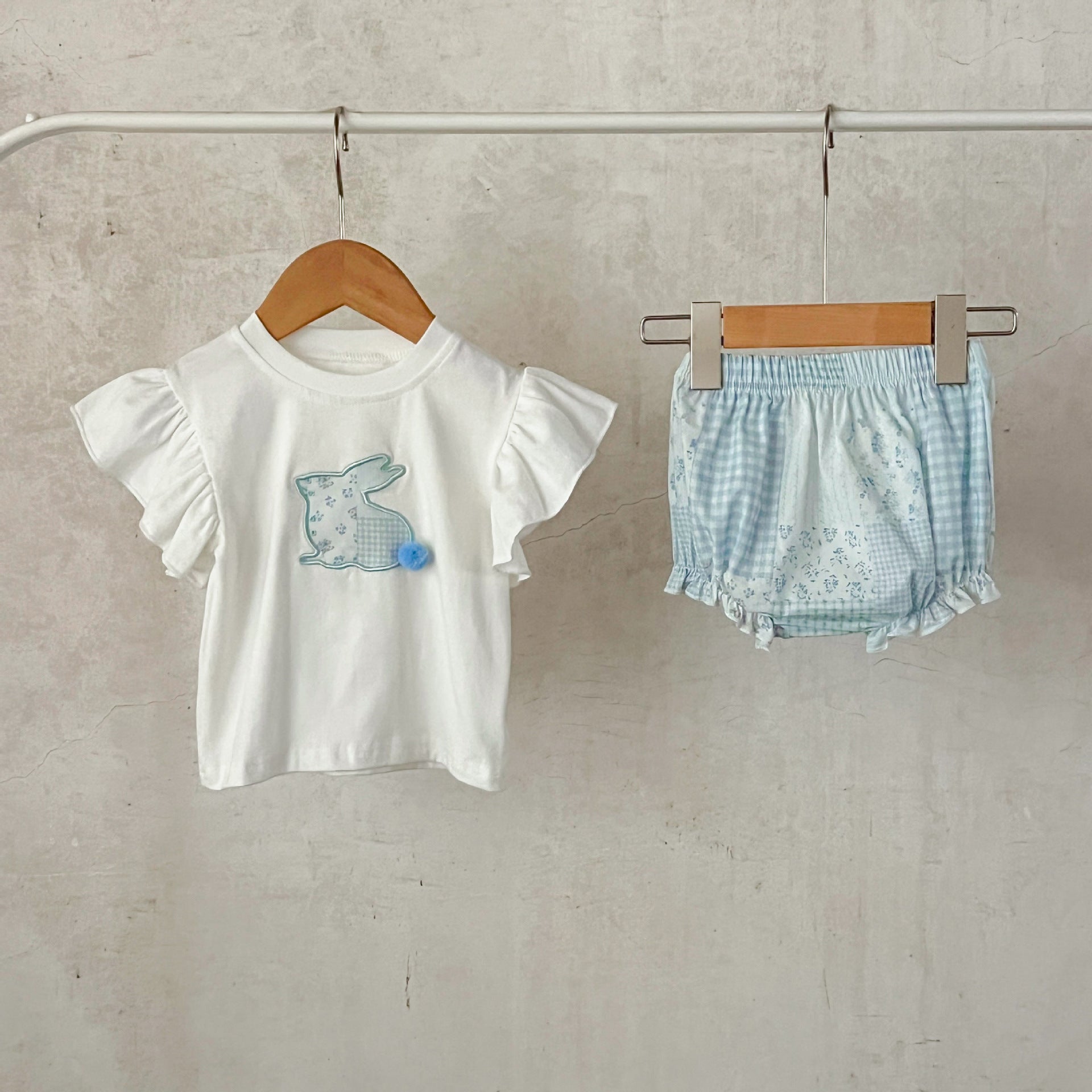 MyKids-USA® Baby Kids Girls Boutique Versatile Rabbit Pattern Fly Sleeves Top And Floral And Plaid Shorts, Clothing Set-0