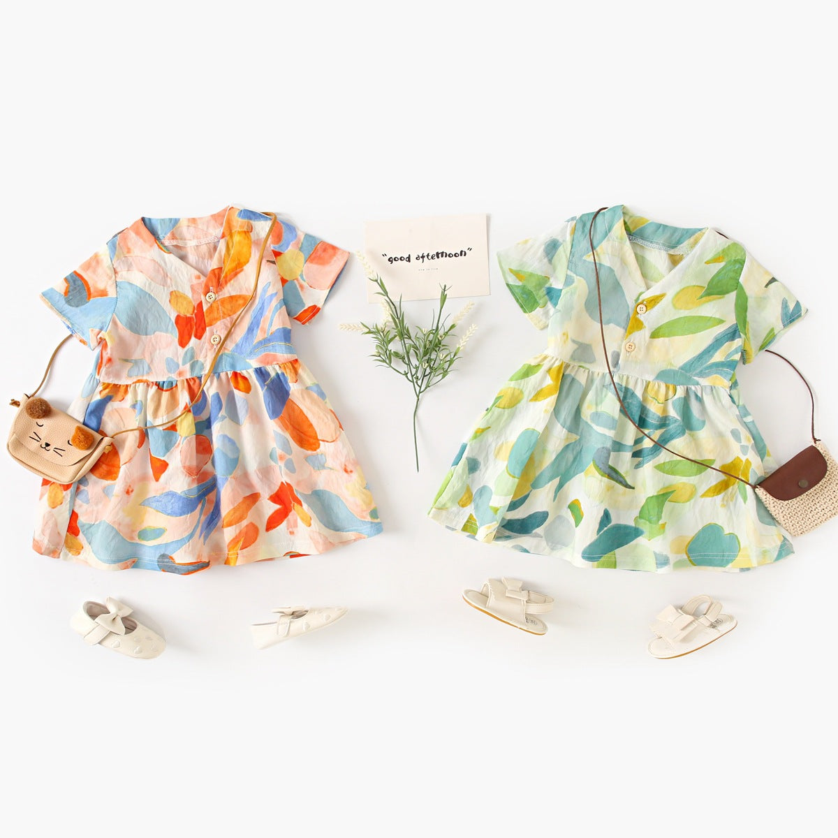 MyKids-USA® Baby Girls Casual Leaves Print Short Sleeves V Neck Dress-0