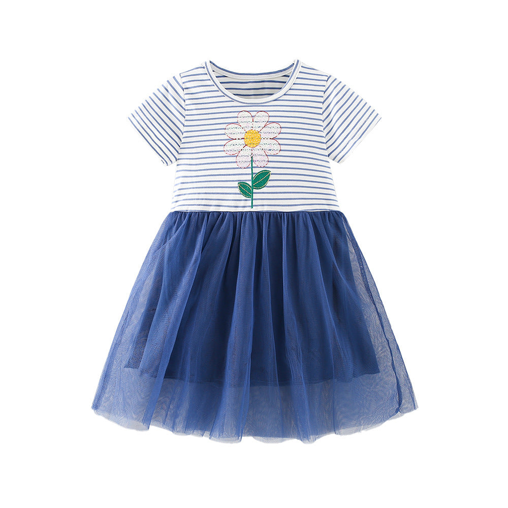 MyKids-USA® Sequins Flowers Pattern Short Sleeves Crew Neck Dress for Stylish Girls-0
