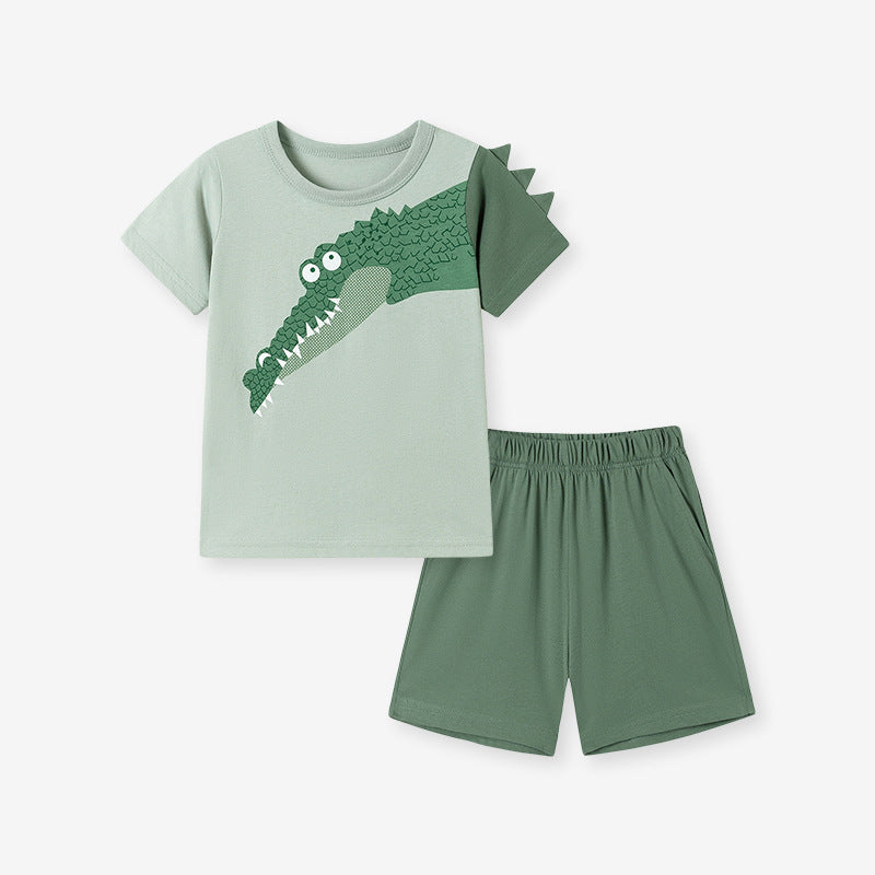 Summer Hot Selling Baby Kids Boys Short Sleeves Cartoon Pattern T-shirt and Plain Shorts Clothing Set