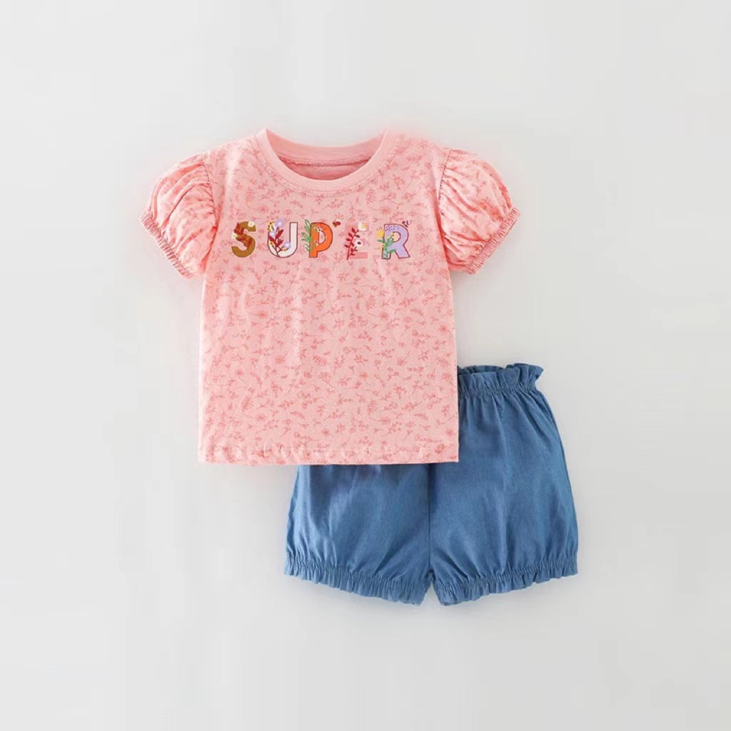 MyKids-USA® Baby Girl Floral & Slogan Print Graphic Puff Sleeve Tee Combo Denim Shorts Sets-0