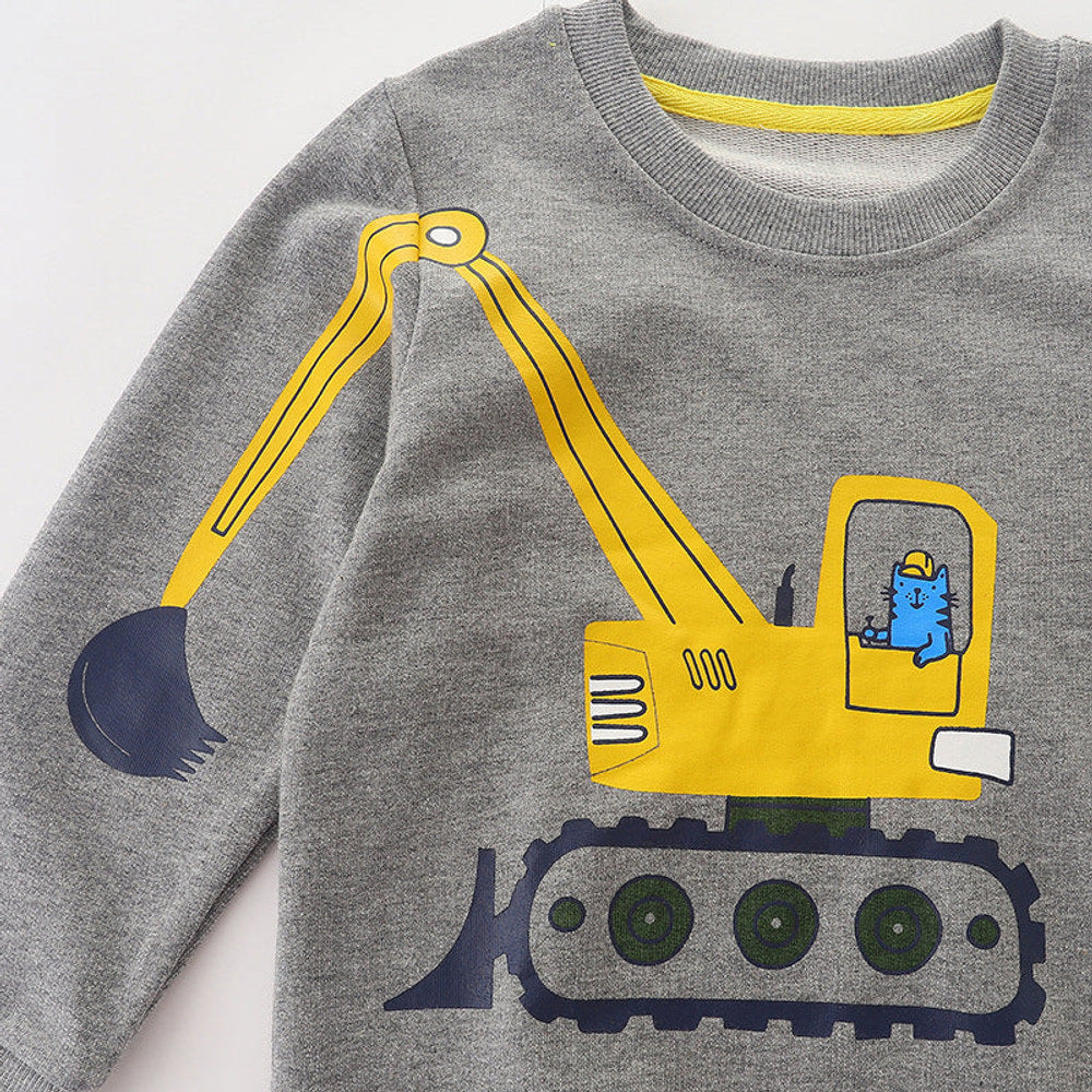 MyKids-USA® Baby Boy Cat Excavator Print Pattern Grey Hoodie-2