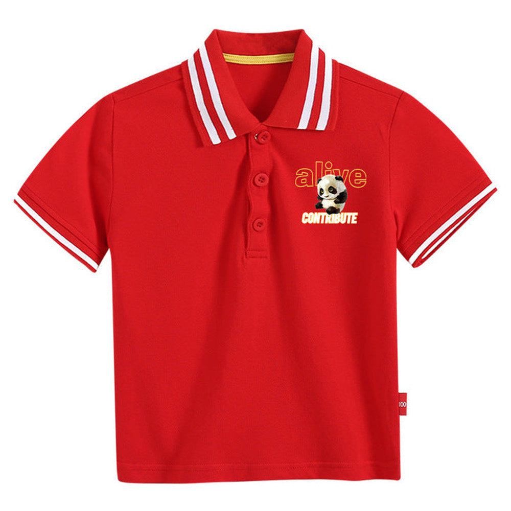 MyKids-USA® Baby Boy Panda Print Pattern Polo Collar White T-Shirt Preppy Style Short-Sleeved Tee Shirt With Button-2