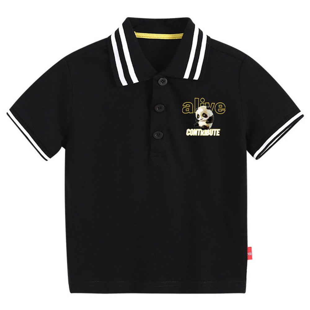 MyKids-USA® Baby Boy Panda Print Pattern Polo Collar White T-Shirt Preppy Style Short-Sleeved Tee Shirt With Button-0
