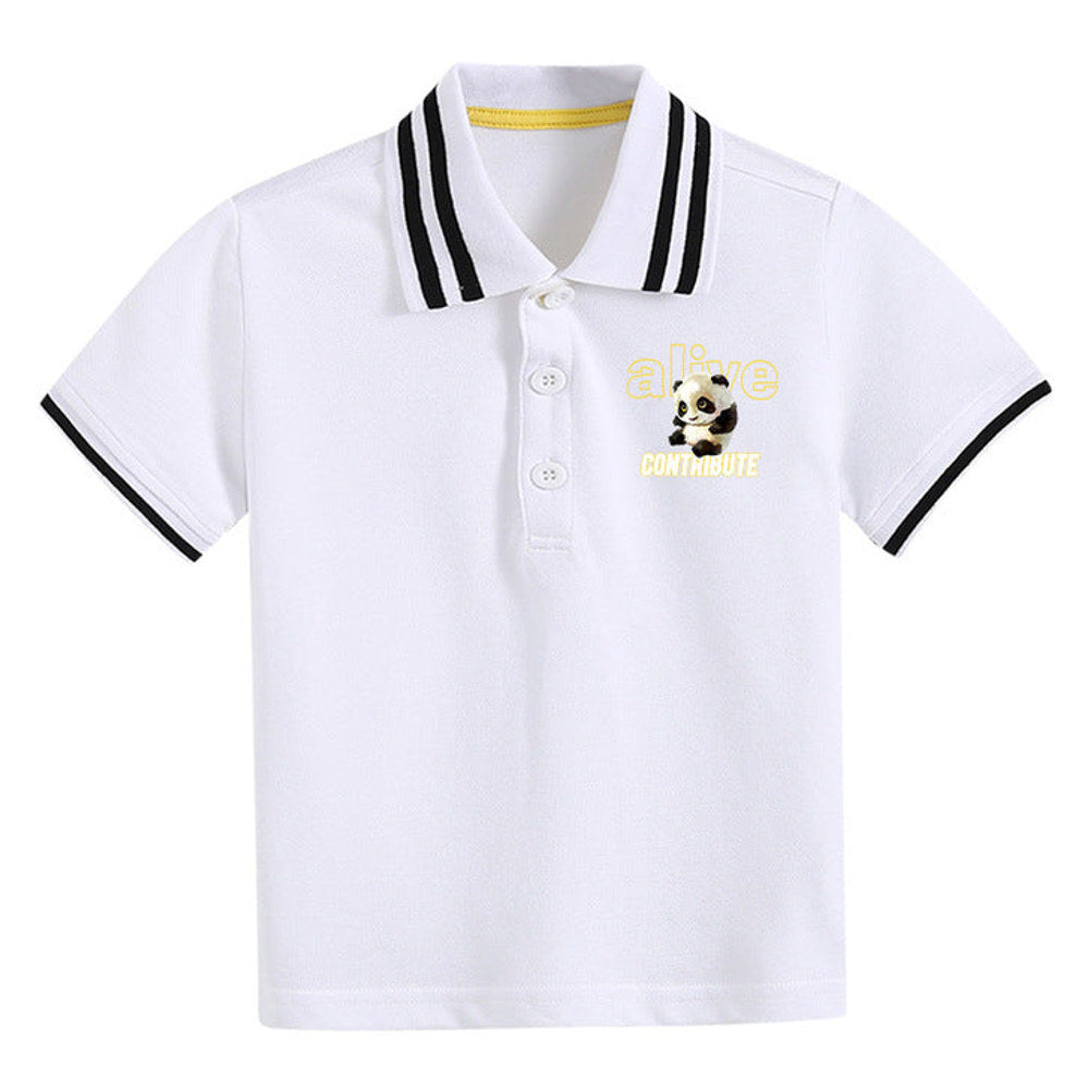 MyKids-USA® Baby Boy Panda Print Pattern Polo Collar White T-Shirt Preppy Style Short-Sleeved Tee Shirt With Button-3
