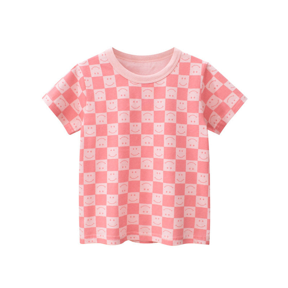 MyKids-USA® Girl Plaid Pattern Smiley Print O-Neck T-Shirt In-0