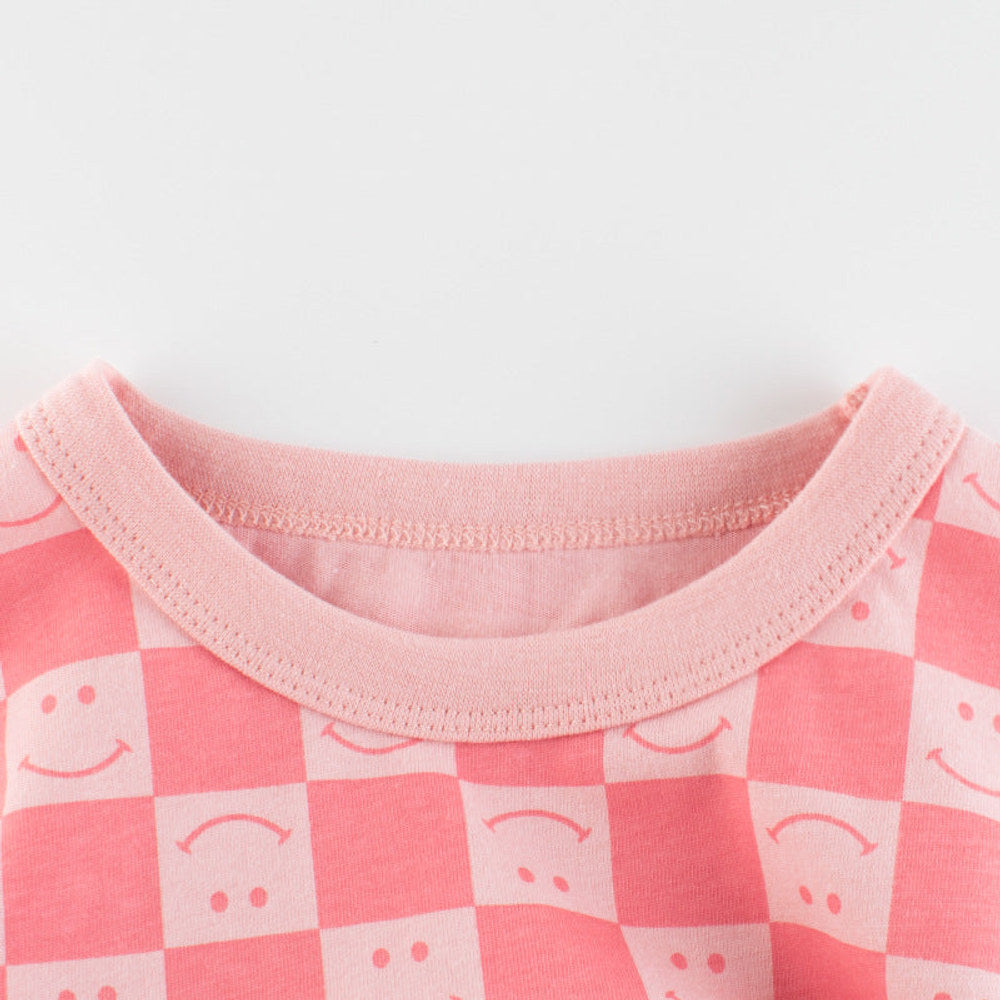MyKids-USA® Girl Plaid Pattern Smiley Print O-Neck T-Shirt In-1