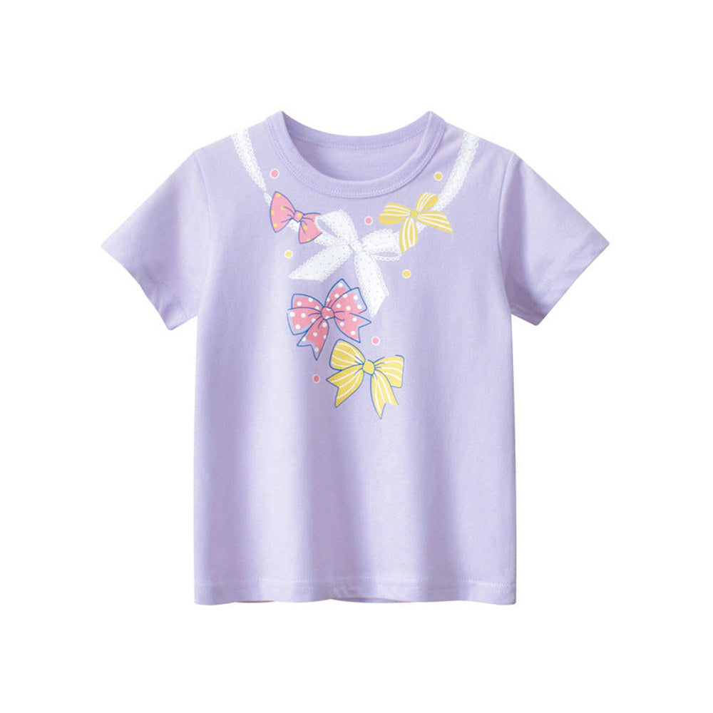 MyKids-USA® Baby Girl Solid Color Bow Tie Pattern Short Sleeve Tee-0