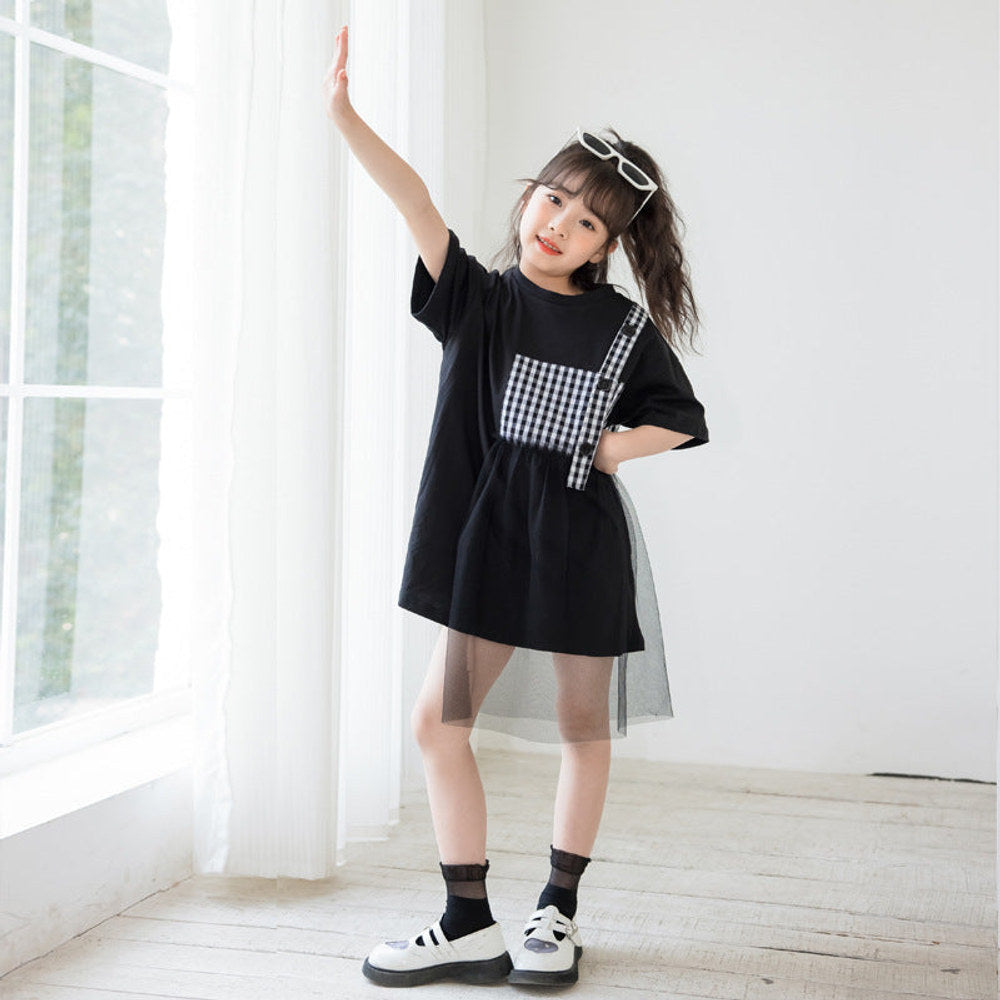 MyKids-USA® Black Plaid Patched Design Mesh Casual Dress-3