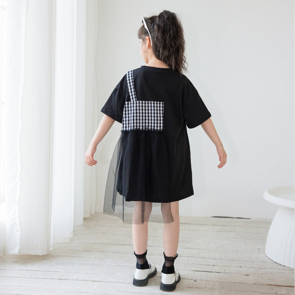 MyKids-USA® Black Plaid Patched Design Mesh Casual Dress-4