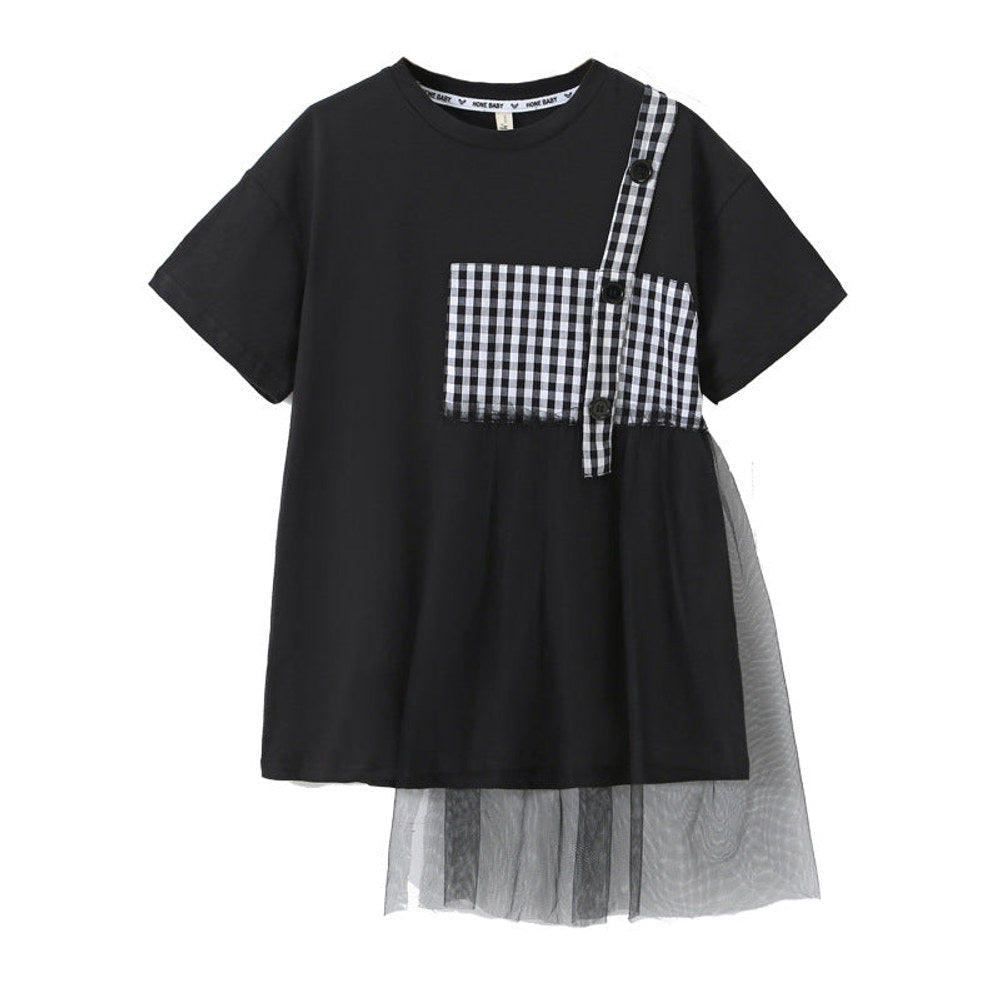 MyKids-USA® Black Plaid Patched Design Mesh Casual Dress-1