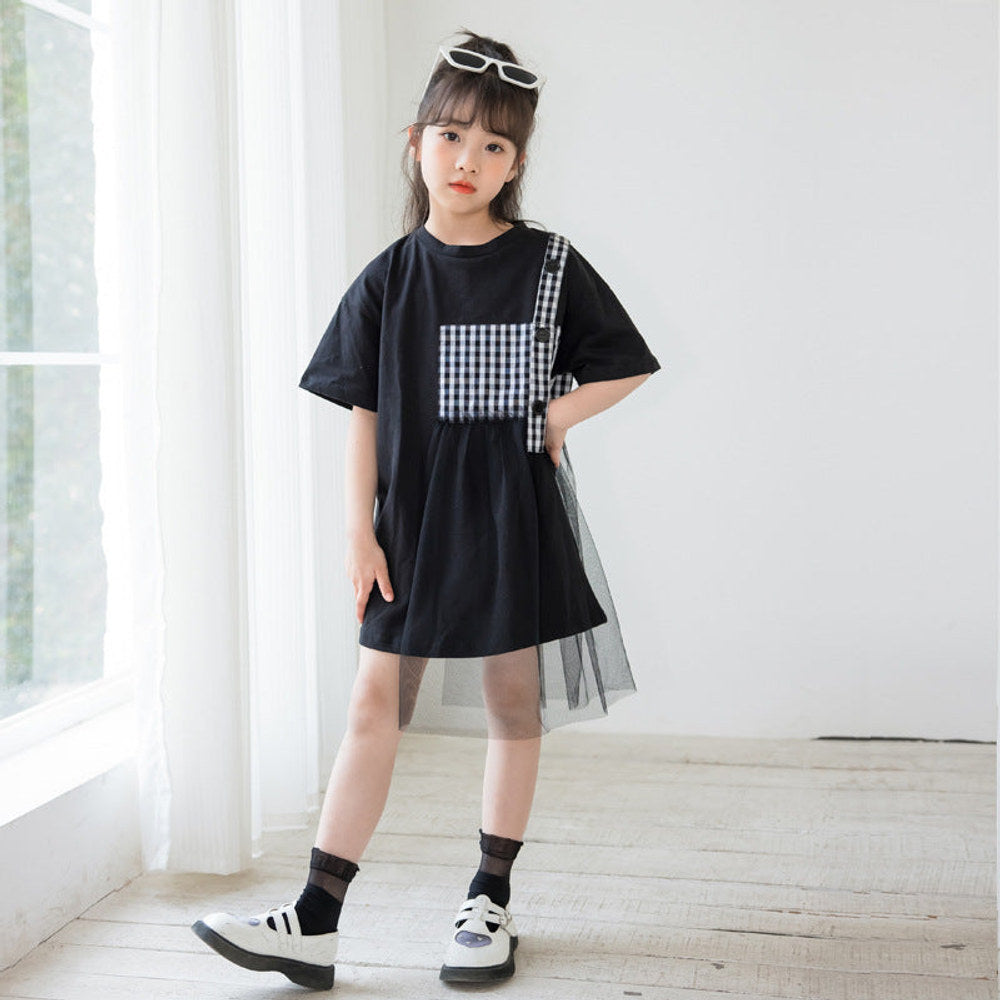 MyKids-USA® Black Plaid Patched Design Mesh Casual Dress-0
