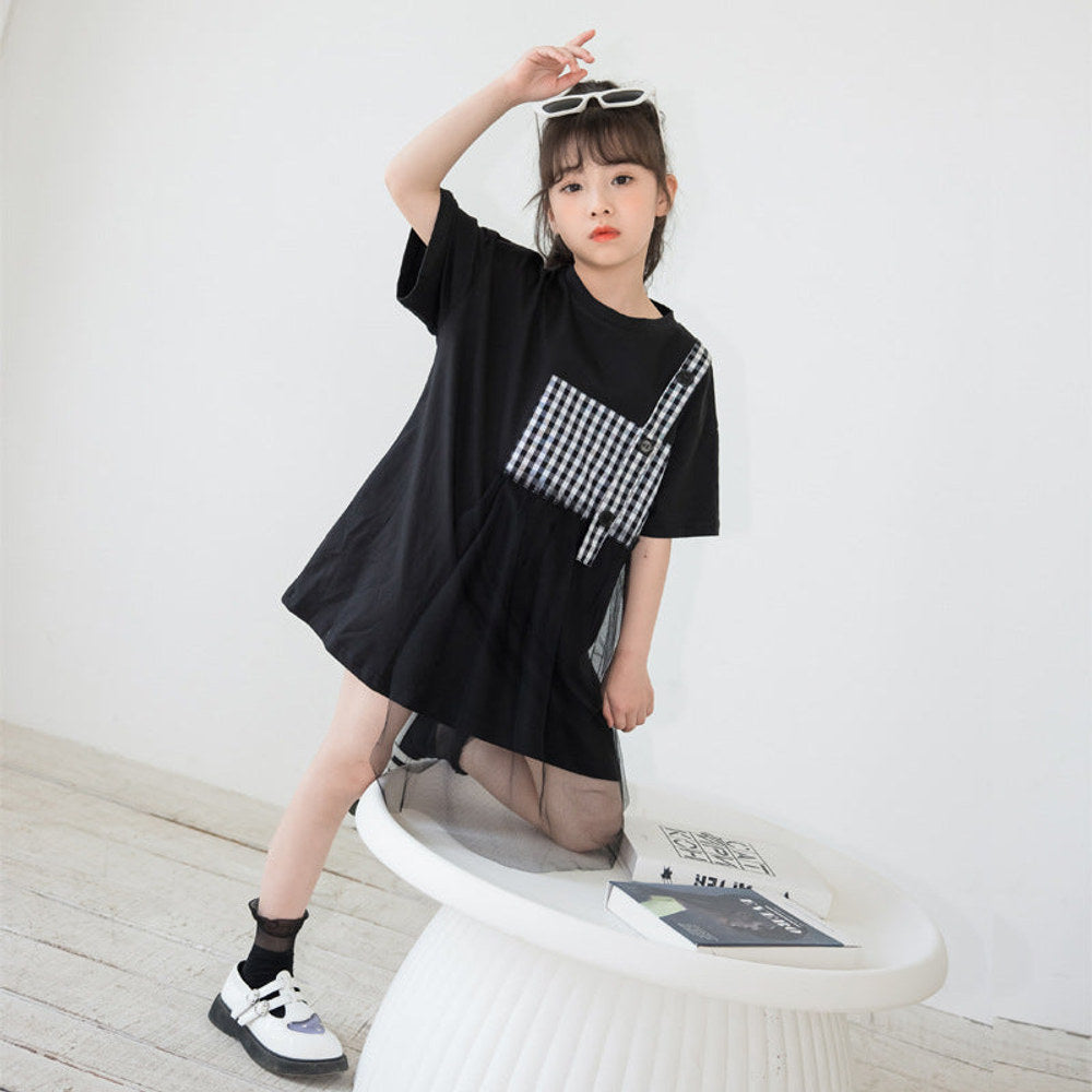 MyKids-USA® Black Plaid Patched Design Mesh Casual Dress-2