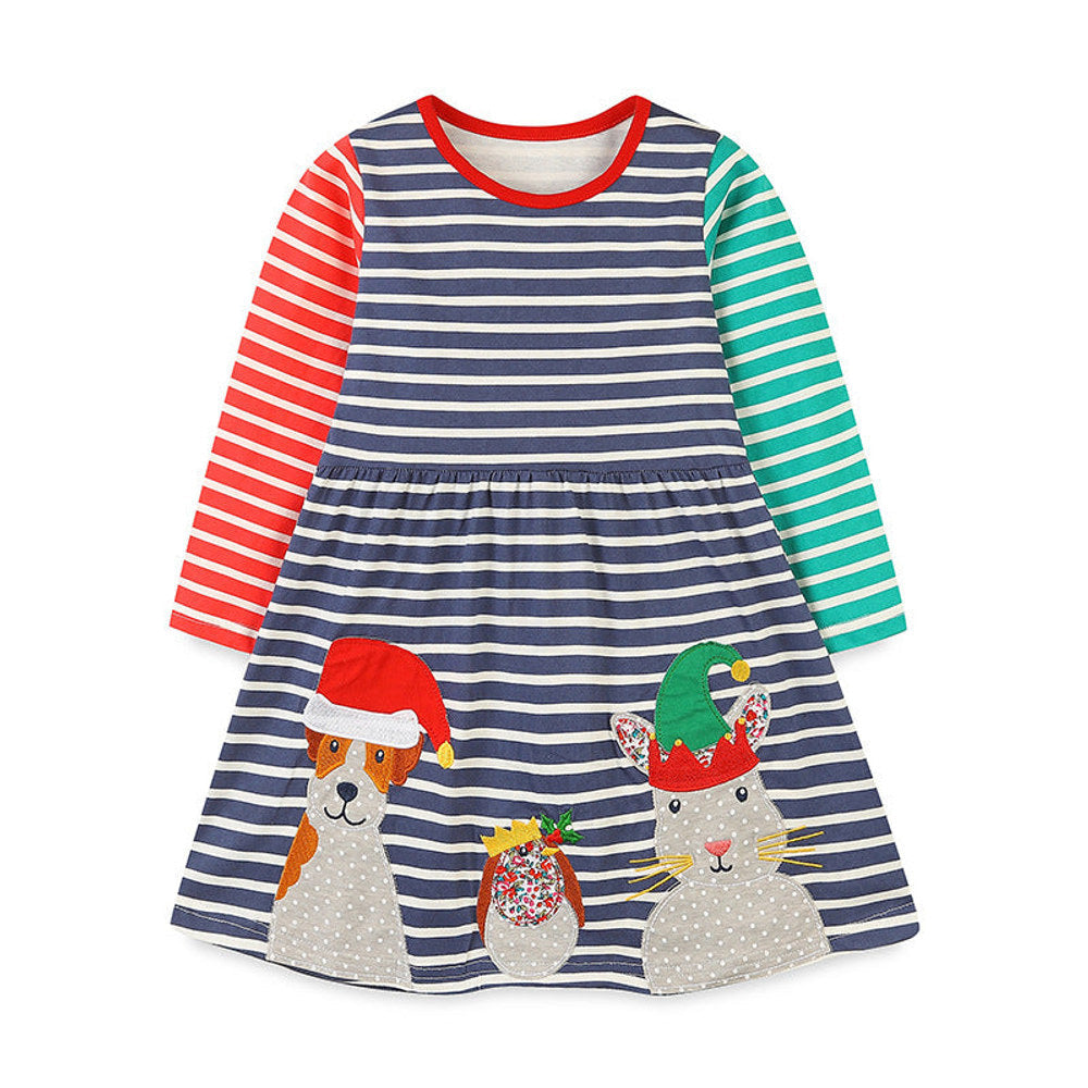 MyKids-USA® Christmas Cartoon Animal Patchwork Dress: Girls’ Striped Long Dress For Toddlers And Babies-0