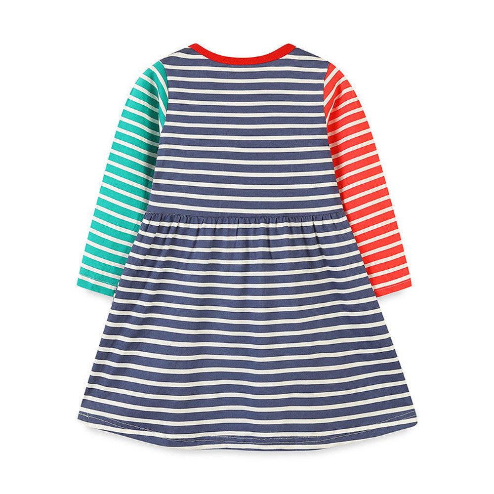 MyKids-USA® Christmas Cartoon Animal Patchwork Dress: Girls’ Striped Long Dress For Toddlers And Babies-1