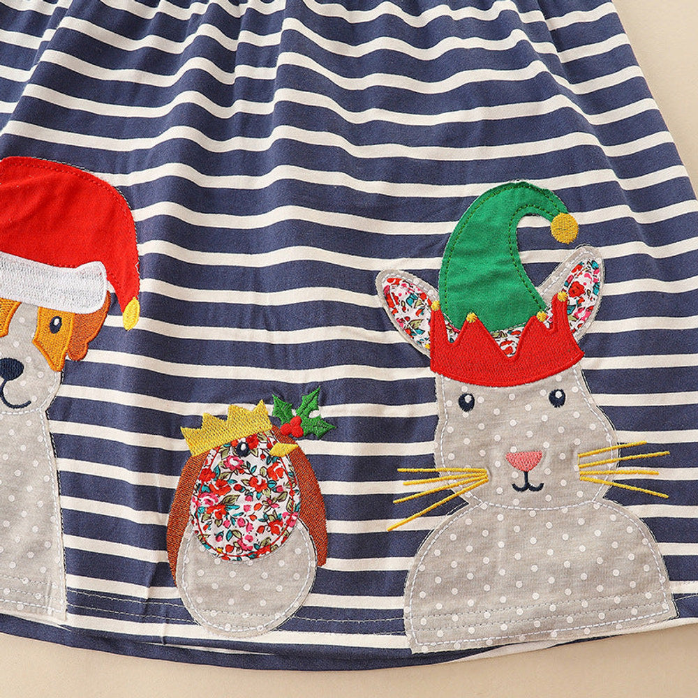 MyKids-USA® Christmas Cartoon Animal Patchwork Dress: Girls’ Striped Long Dress For Toddlers And Babies-3