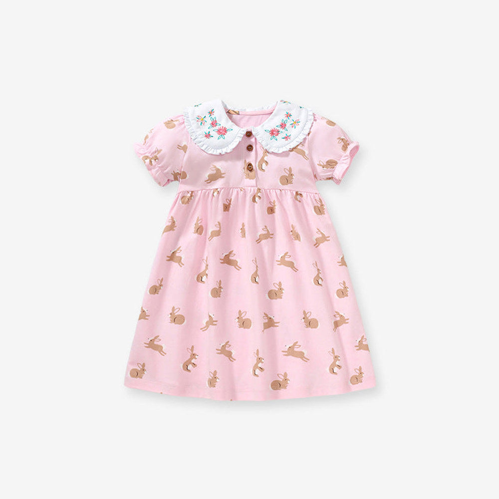 MyKids-USA® Baby Girls Peter Pan Floral Collar Short Sleeves Rabbits Pattern Dress-4