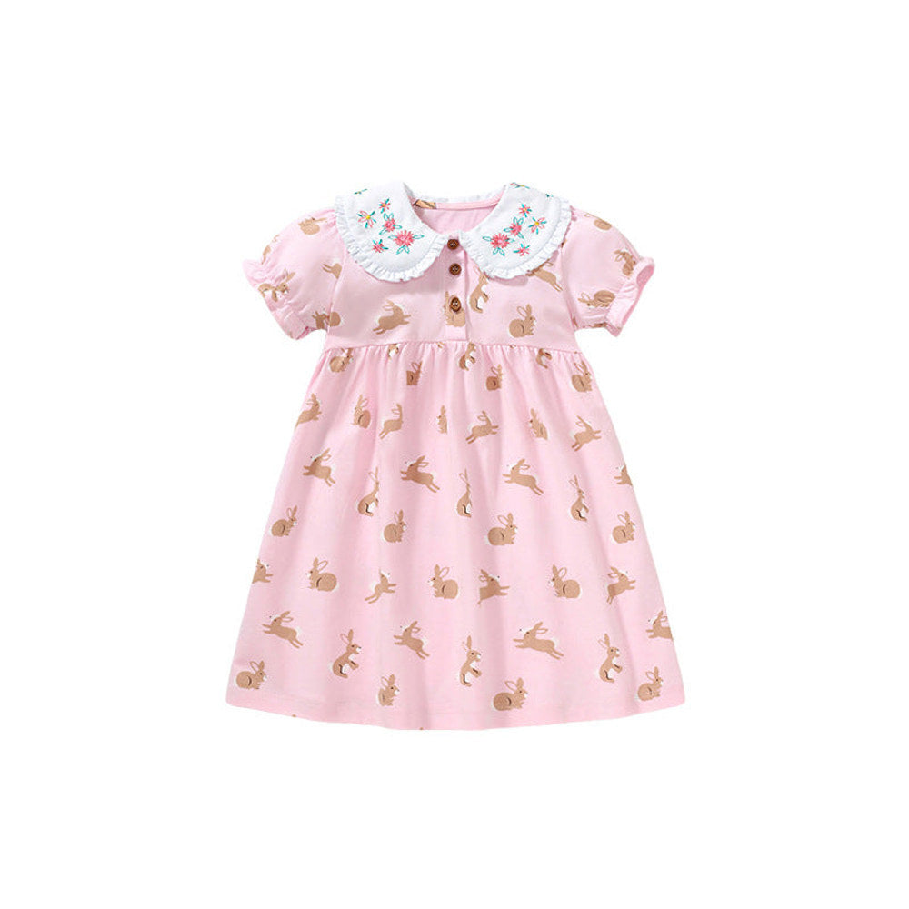 MyKids-USA® Baby Girls Peter Pan Floral Collar Short Sleeves Rabbits Pattern Dress-0